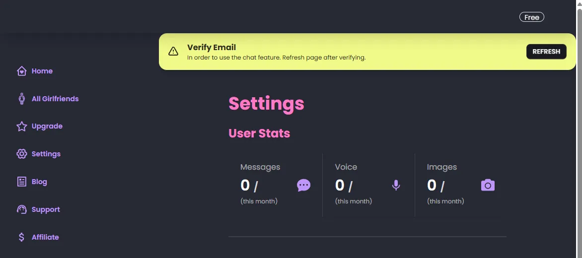 LoveMy.ai Settings on a new free account: Verify Email banner, and Messages, Voice and Images counters at zero for this month