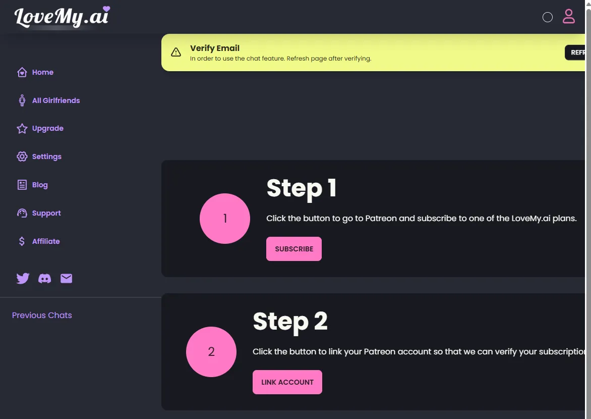 LoveMy.ai Upgrade Plan page: Step 1 subscribe on Patreon, Step 2 link your Patreon account