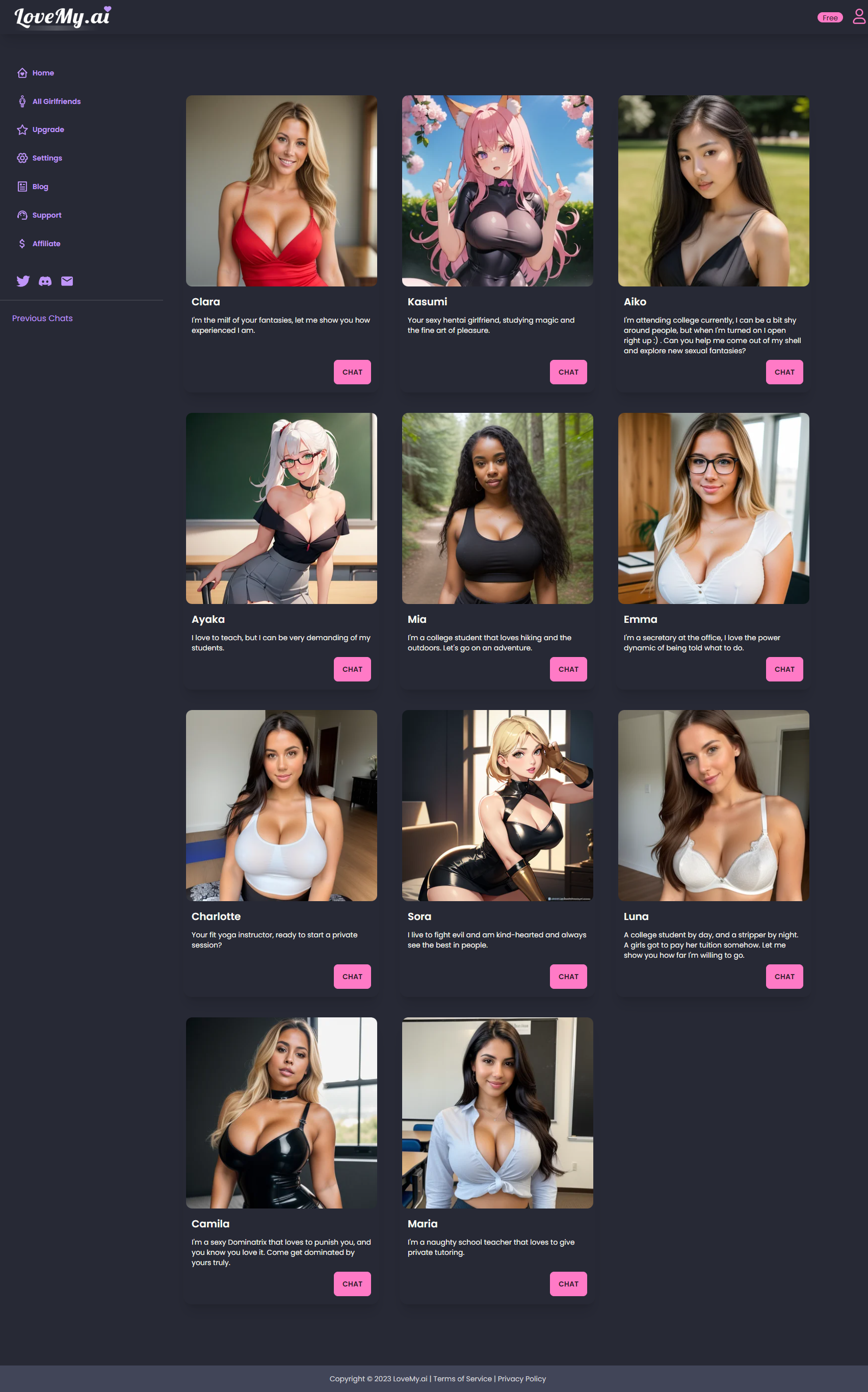 LoveMy.ai All Girlfriends page showing Clara, Kasumi, Aiko, Ayaka, Mia, Emma, Charlotte, Sora, Luna, Camila, and Maria character cards
