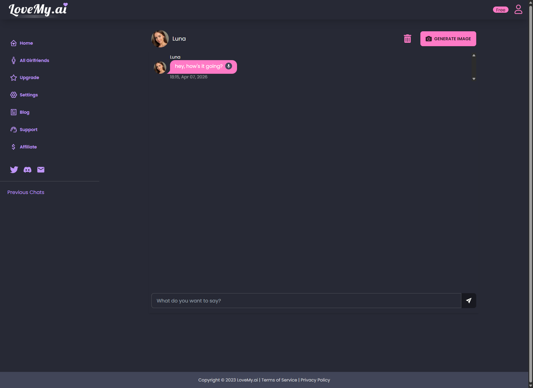 LoveMy.ai chat interface with Luna showing message bubble, voice icon, Generate Image button, and text input field