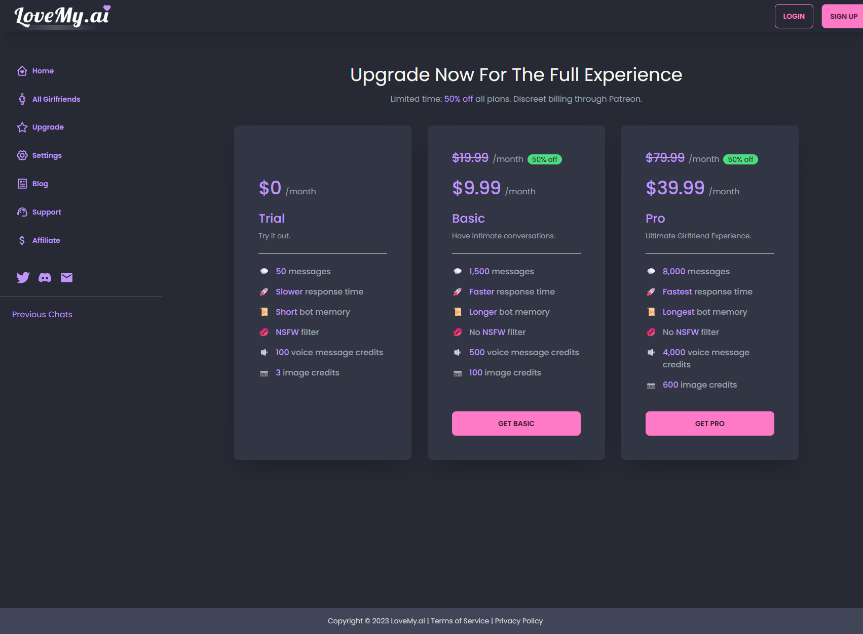 LoveMy.ai pricing page showing Trial (Free), Basic ($9.99/mo) and Pro ($39.99/mo) plans with 50% off discount