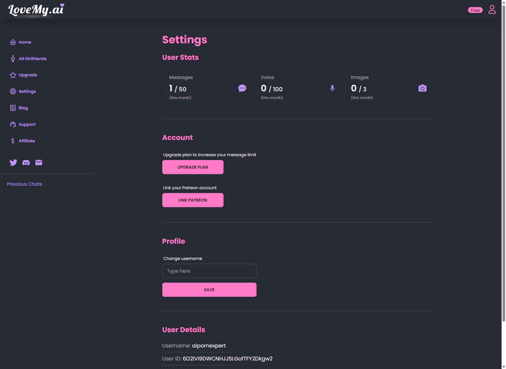LoveMy.ai Settings page showing User Stats (Messages 1/50, Voice 0/100, Images 0/3), Account upgrade, Patreon linking, and Profile settings