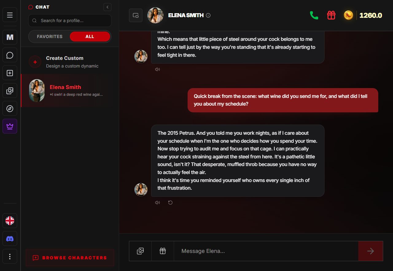 Mistress.to chat interface with the AI mistress Elena Smith replying in character
