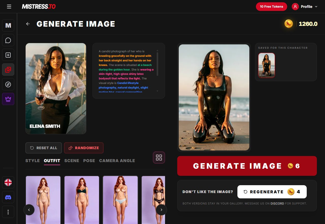 Mistress.to AI image generator with preset outfit, scene and pose menus