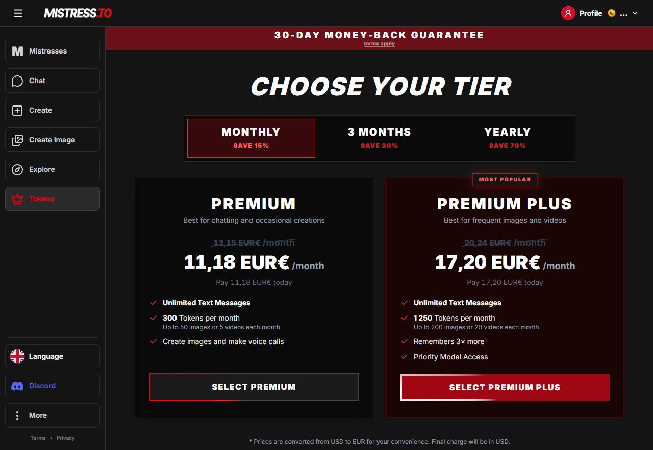 Mistress.to subscription pricing page with Premium and Premium Plus tiers