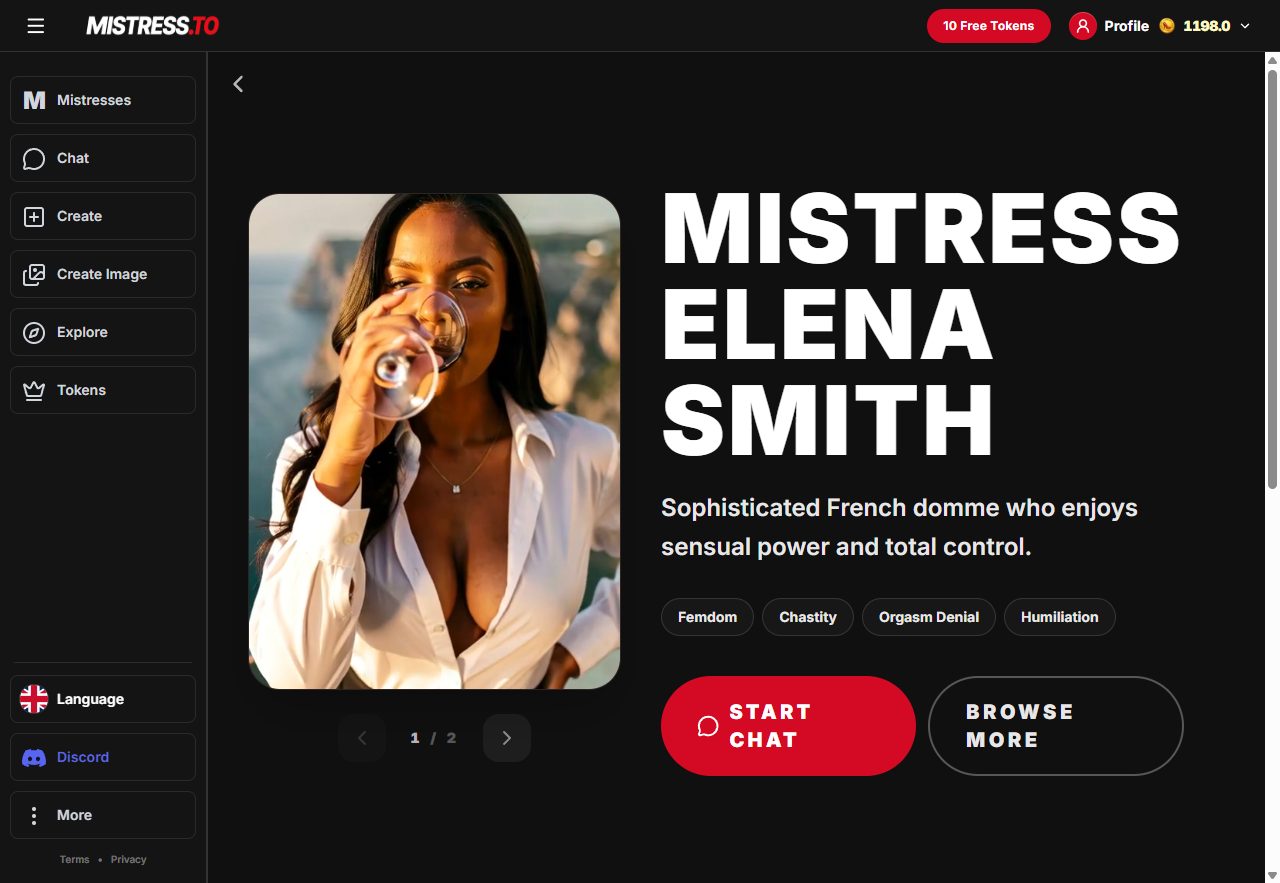 Mistress.to character profile page for the AI mistress Elena Smith with kinks and archetype