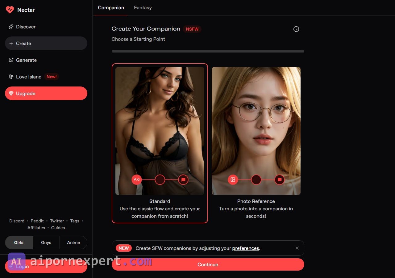 Nectar AI character creation page with style and customization options