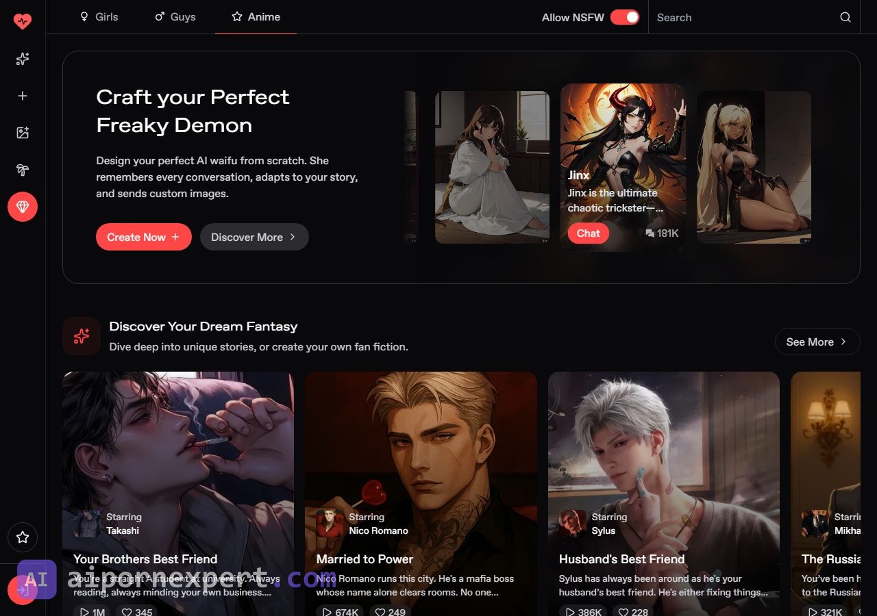 Nectar AI Anime tab showing character gallery with Girls, Guys, Anime navigation, NSFW toggle and search bar