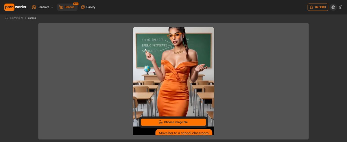PornWorks AI Banana image editor with the Choose image file button and a natural-language edit prompt example