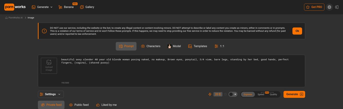 PornWorks AI image generator interface with the prompt box, Prompt / Characters / Model / Templates tabs, Express-Speed-Quality switch and the 20-credit cost readout