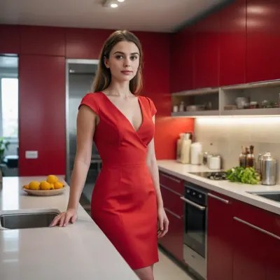 Image generated on a free PornWorks AI account: a woman in a red dress in a modern kitchen, produced in eight seconds on the Express queue