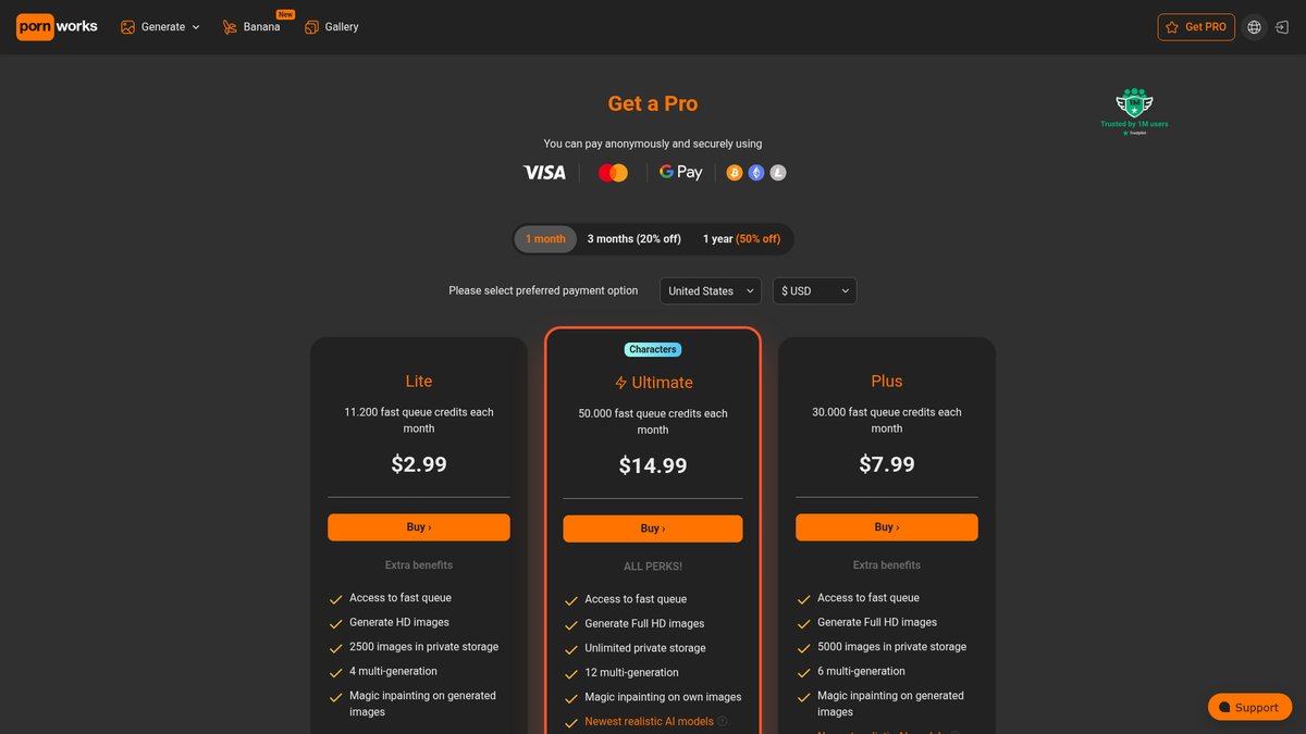 PornWorks AI Get a Pro page showing Lite $2.99, Plus $7.99 and Ultimate $14.99 monthly plans with Visa, Mastercard, Google Pay and crypto payment options
