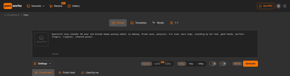 PornWorks AI video generator with 480p, 720p and 1080p resolution buttons and a 400-credit cost readout
