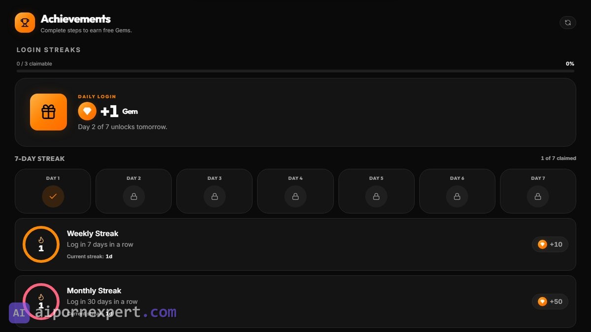 Pornify achievements page with the daily login gem, 7-day streak tracker, weekly and monthly streak rewards