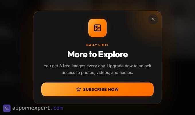 Pornify free account daily limit box saying You get 3 free images every day, upgrade now