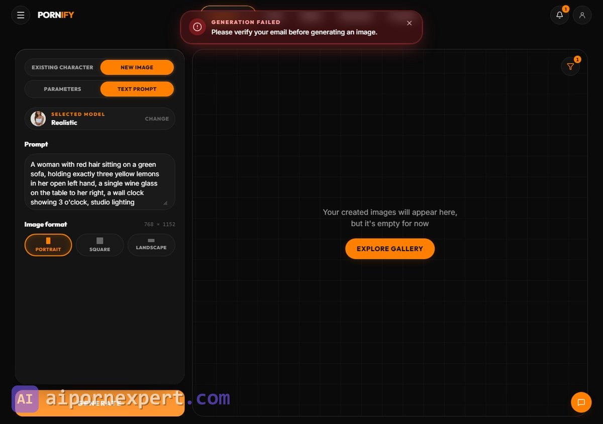 Pornify image generator refusing a prompt with the message Please verify your email before generating an image