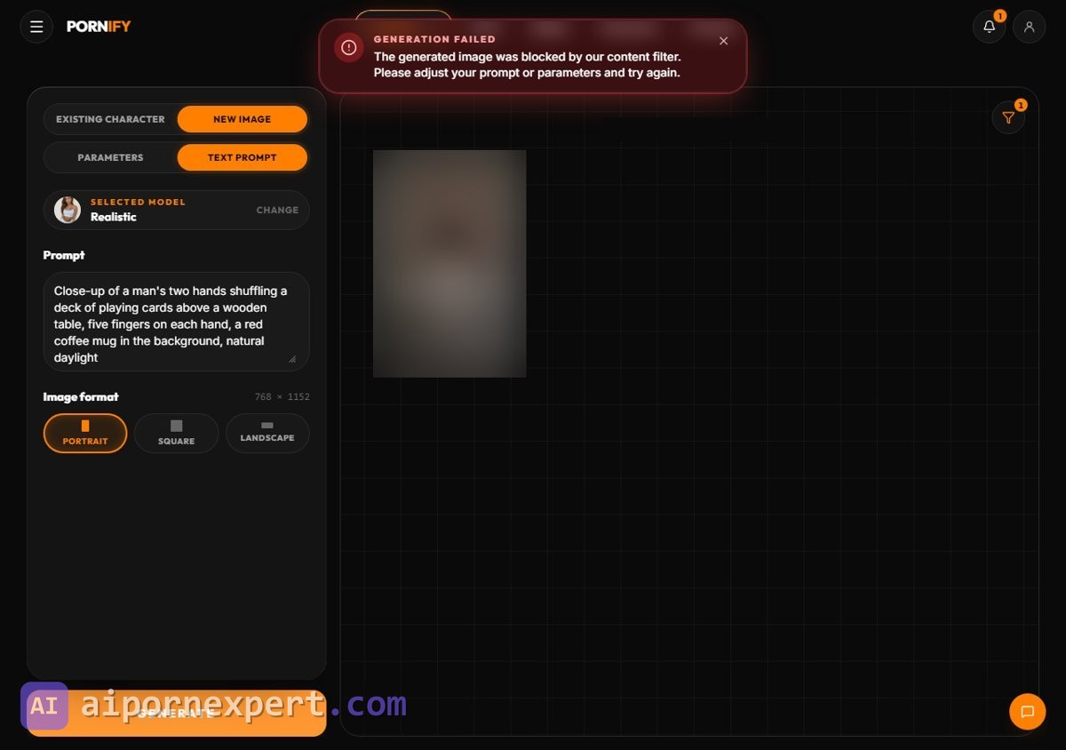 Pornify generator showing Generation failed, the generated image was blocked by our content filter, on a hands-only prompt