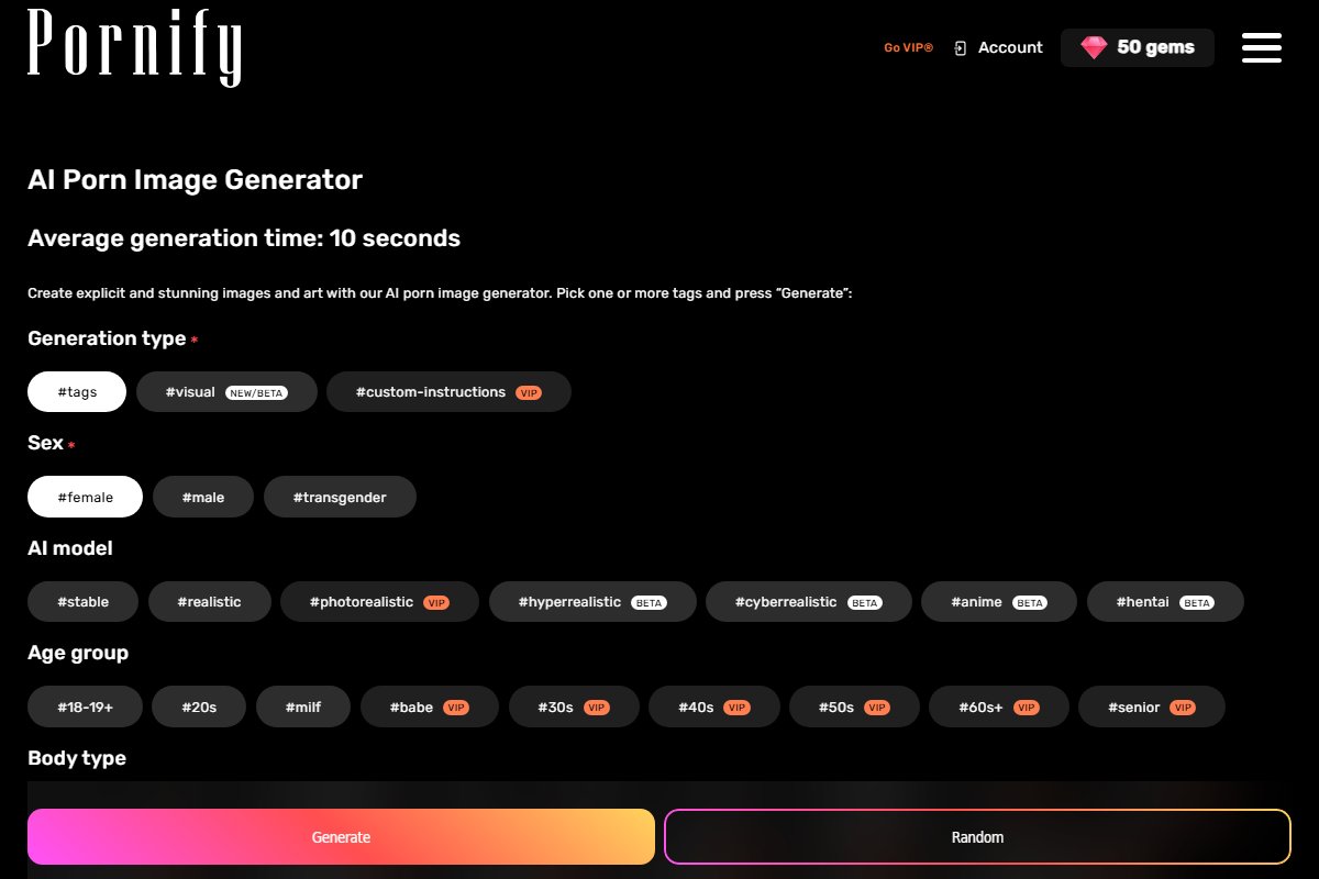 Pornify AI image generator interface showing tag-based prompt system with content type selection and generate button