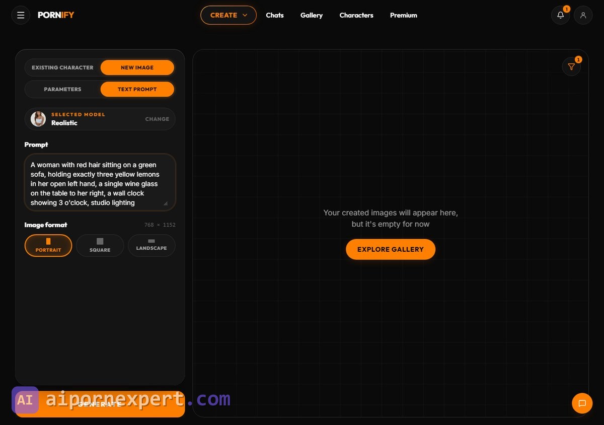 Pornify AI image generator controls with New Image and Text Prompt modes, Realistic model selected, prompt box and portrait format
