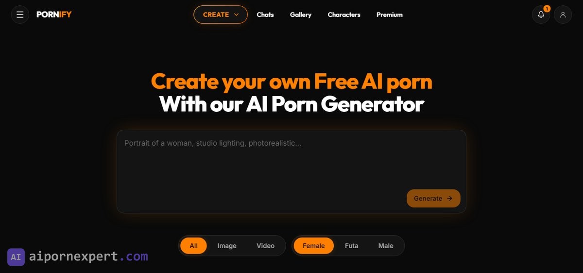 Pornify homepage in September 2026 with the prompt box, Generate button and Image, Video, Female, Futa, Male filters