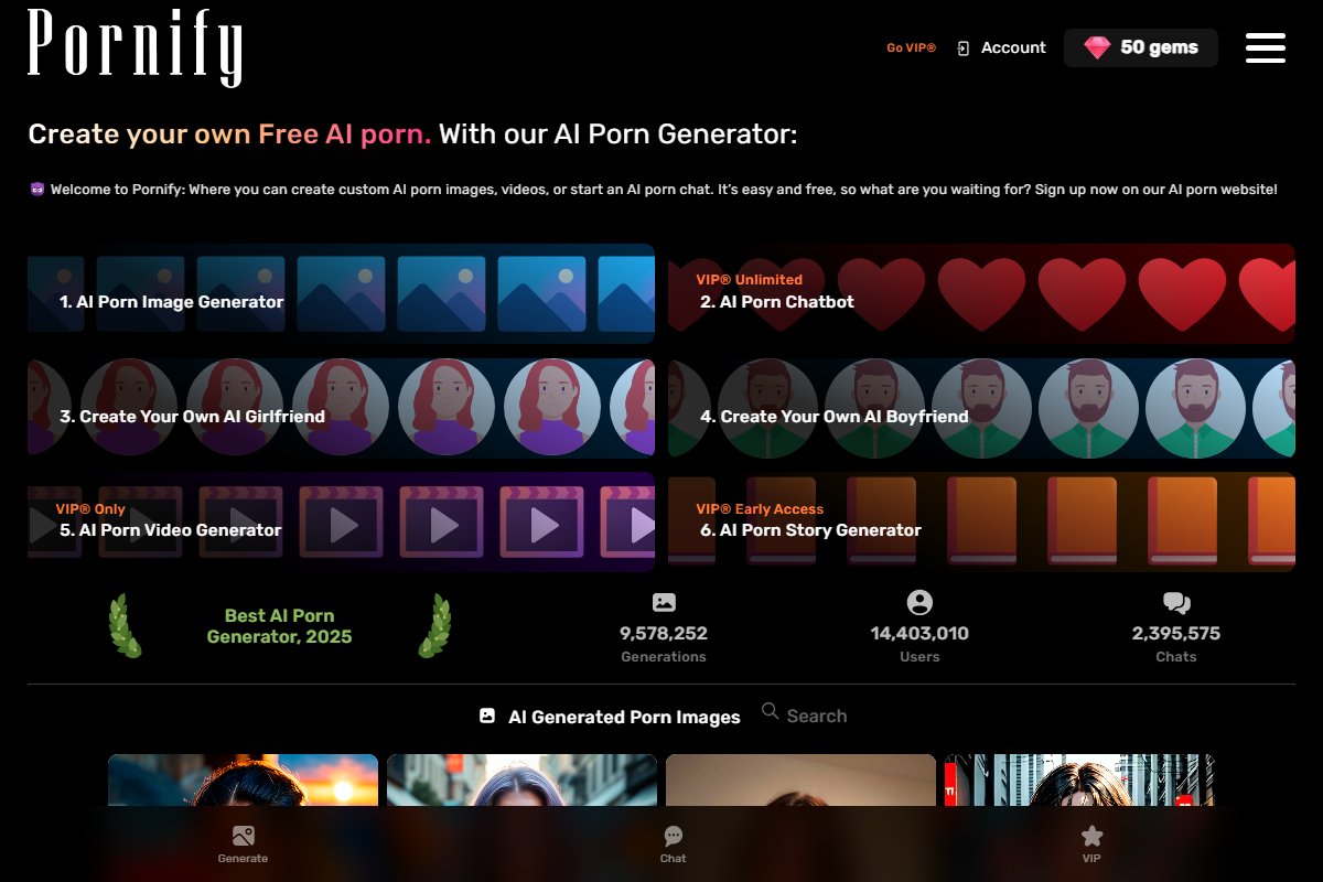 Pornify homepage showing AI porn generator interface with Gallery, Generate, and Chat navigation tabs