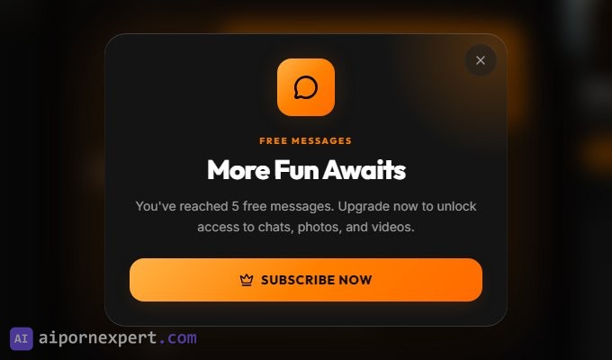 Pornify free chat limit modal saying You've reached 5 free messages, upgrade now