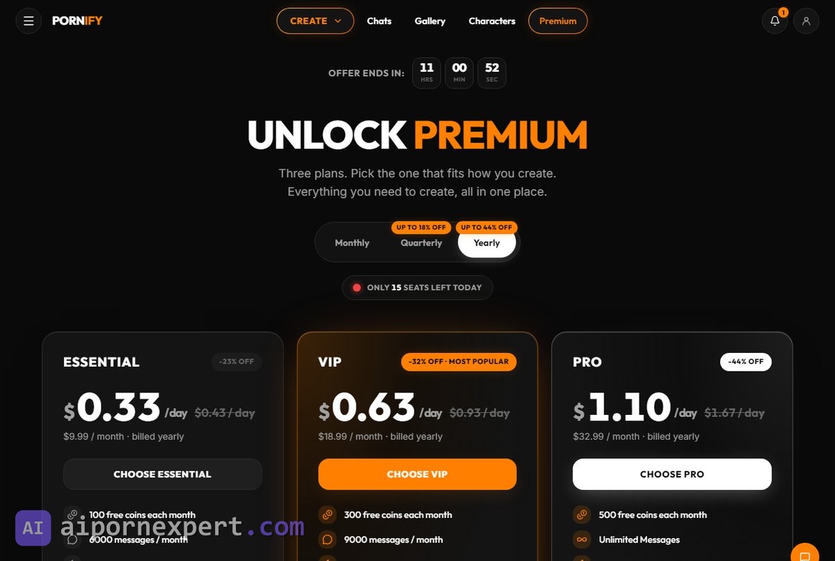 Pornify pricing page on the yearly cycle with Essential, VIP and PRO plans, discount badges, a countdown and a seats-left counter