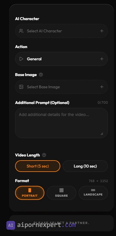 Pornify video generator panel with AI character, action, base image, 700-character prompt, video length and format controls