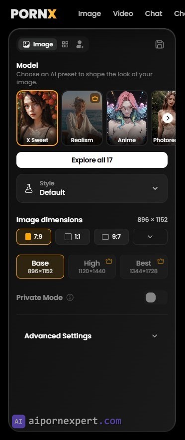 PornX image generator controls: model picker with 17 presets, style selector, image dimensions and the Base, High and Best quality tiers
