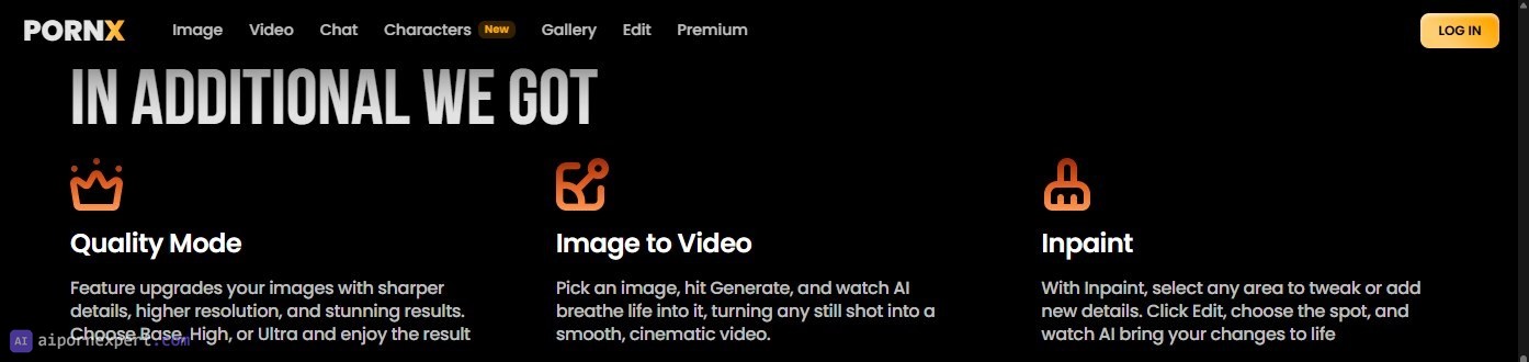 PornX homepage feature strip: Quality Mode with Base, High and Ultra tiers, Image to Video, and Inpaint