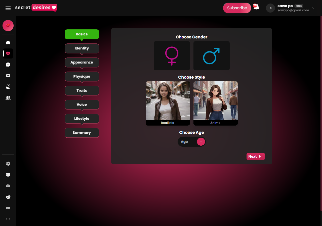 Secret Desires AI character creation flow with ethnicity, body, personality and voice cloning options