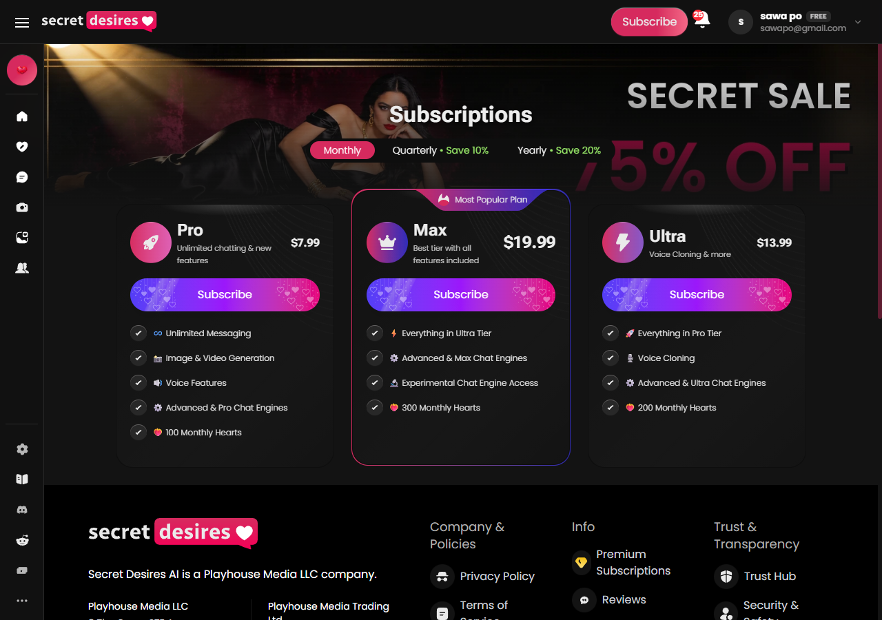Secret Desires AI subscription page showing Pro, Ultra, and Max tiers with pricing toggles