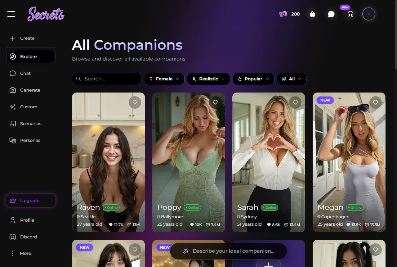 Secrets AI browse page showing the companion gallery with character cards and category filters
