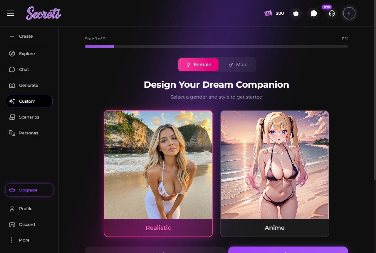 Secrets AI custom companion creation page for building a personalized AI character