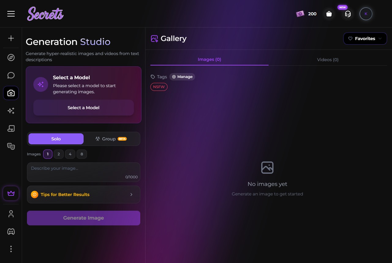 Secrets AI Generation Studio interface for creating images and videos from text descriptions