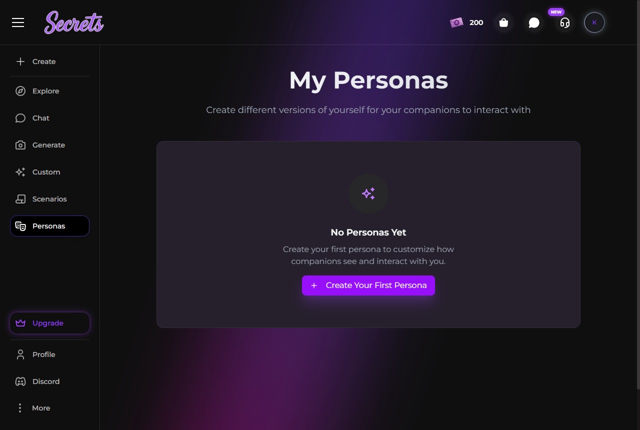 Secrets AI personas page where users manage saved personas for roleplay