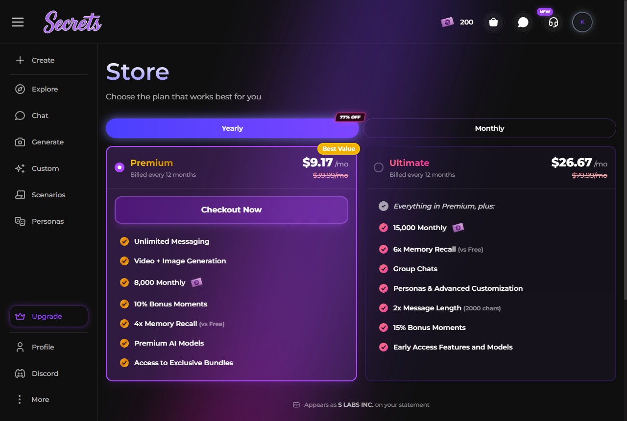 Secrets AI store page showing Premium and Ultimate subscription plans with yearly and monthly pricing
