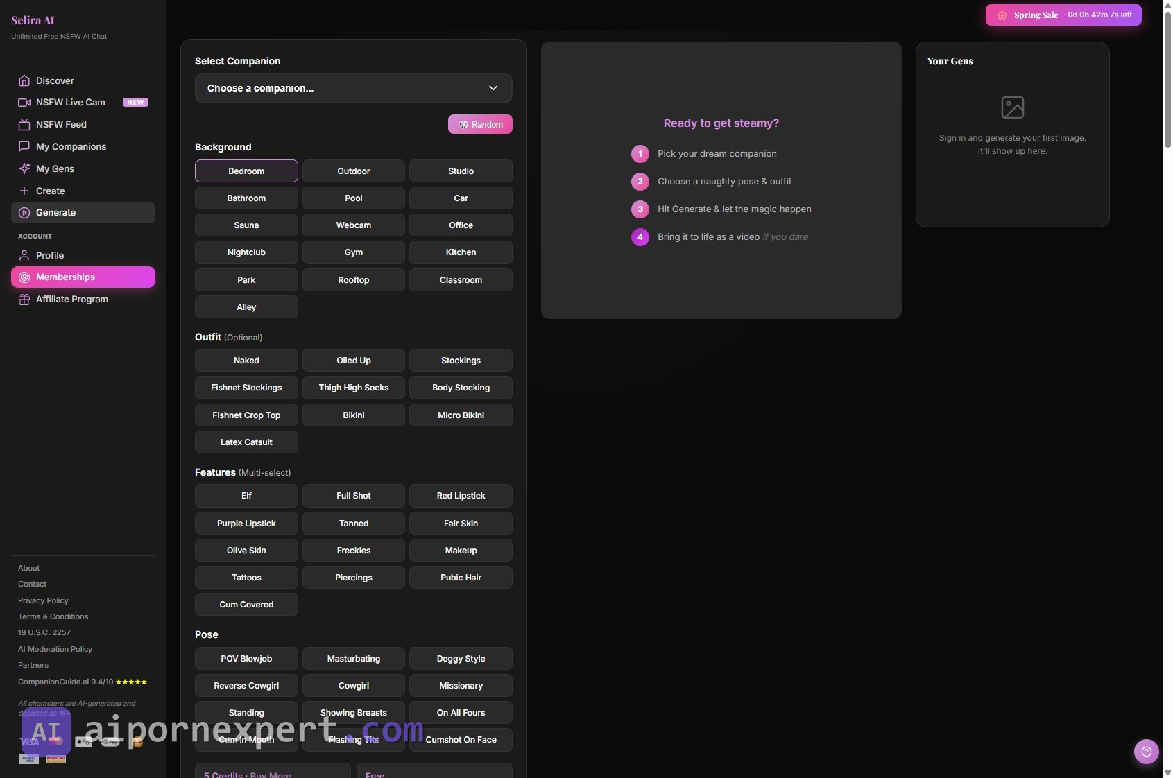 Selira AI free NSFW image generator interface with tag-based prompt builder