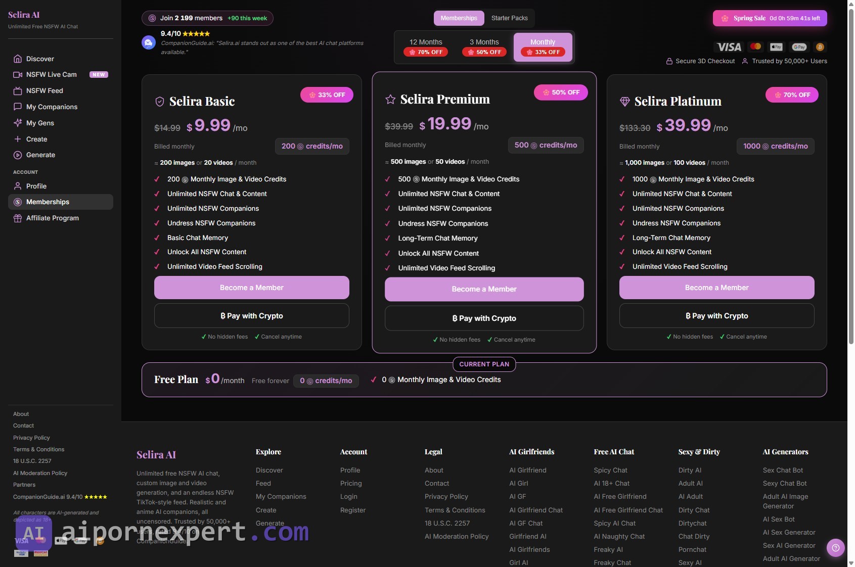 Selira AI pricing page with all six starter credit packs, Spring Sale 50 percent off banner and Pay with Crypto buttons