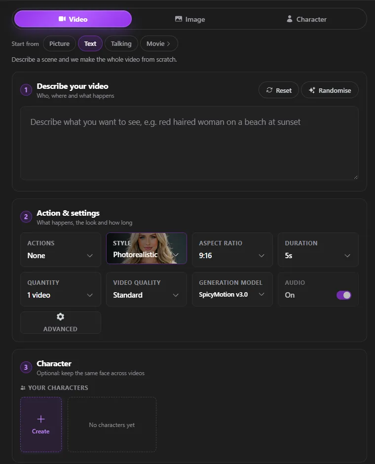 SpicyGen Video Builder on October 28, 2026, logged out: Start from Picture, Text, Talking or Movie, then Actions, Style, Aspect ratio, Duration, Quantity, Video quality, Generation model SpicyMotion v3.0 and an Audio switch set to On