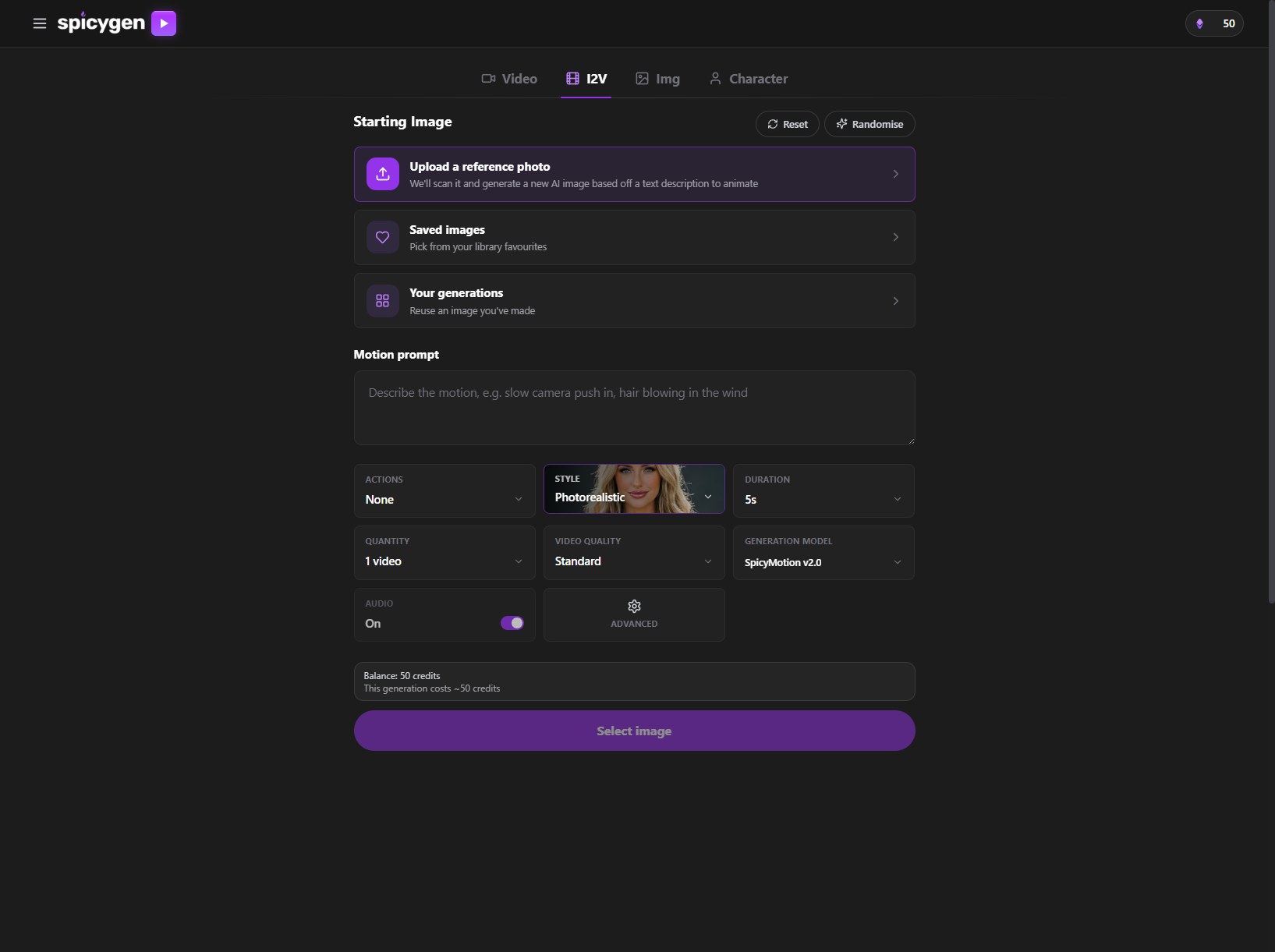 SpicyGen Video Builder in I2V mode showing starting-image options, motion prompt, and controls for style, duration, video quality, generation model, and audio