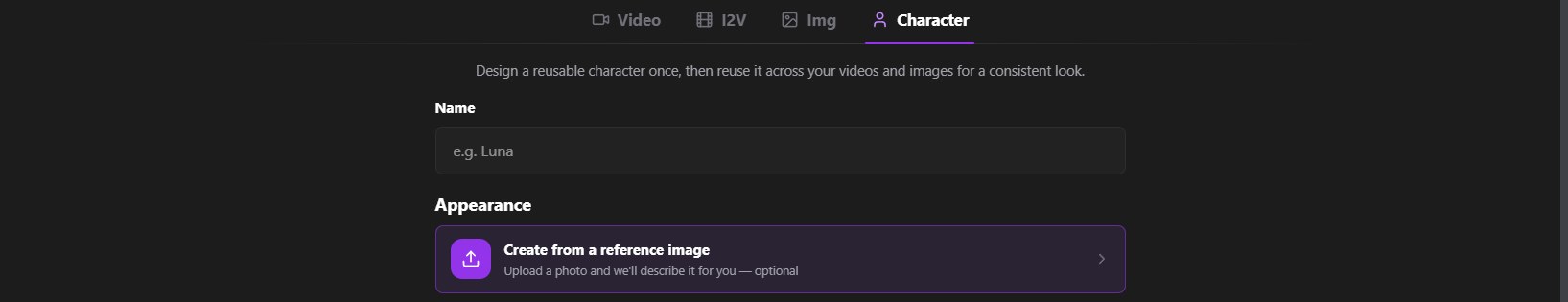 SpicyGen Character builder: name field, Appearance section with a Create from a reference image option, and copy explaining reusable characters for a consistent look