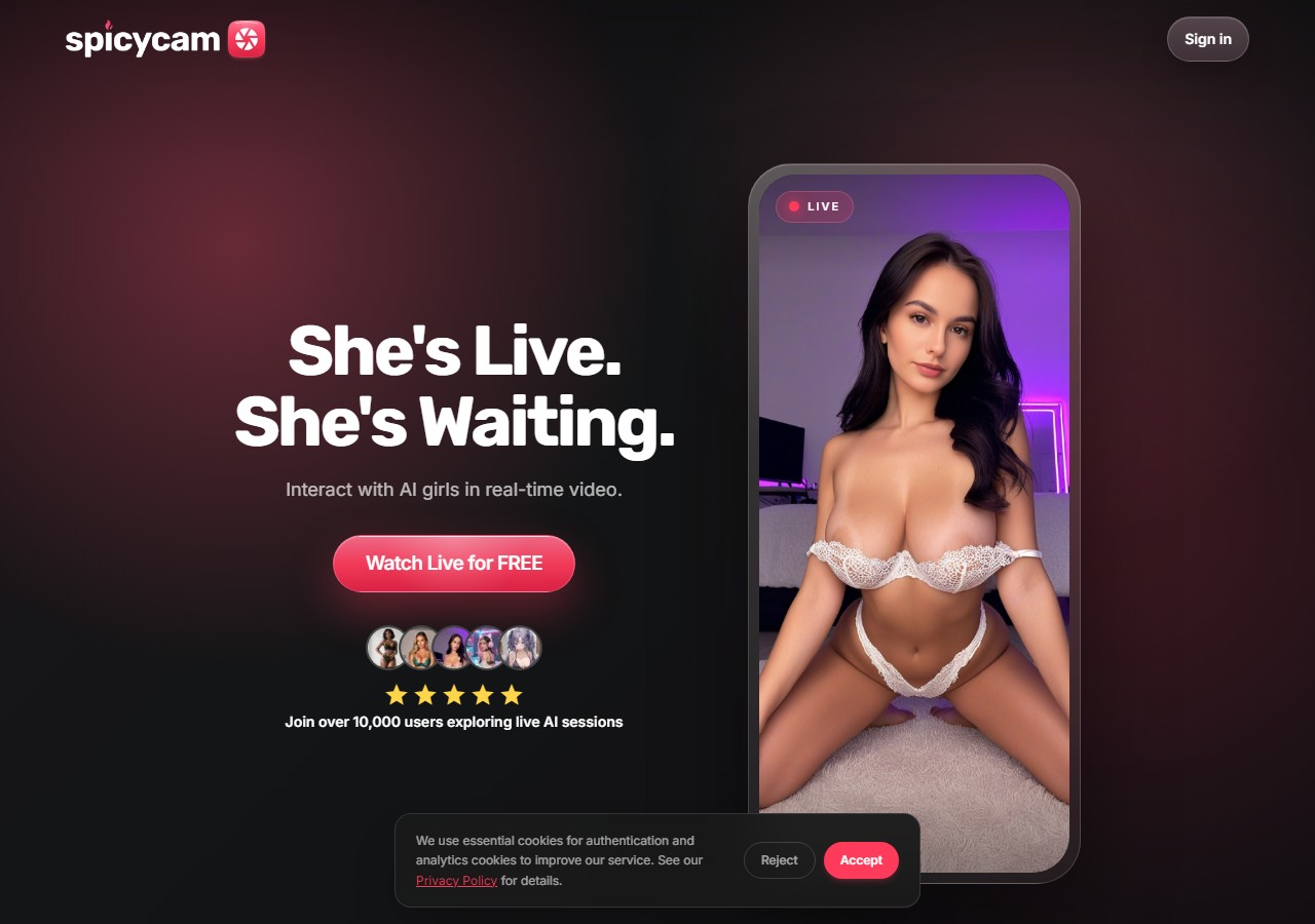SpicyCam Live landing page with She's Live She's Waiting hero and Watch Live for FREE CTA