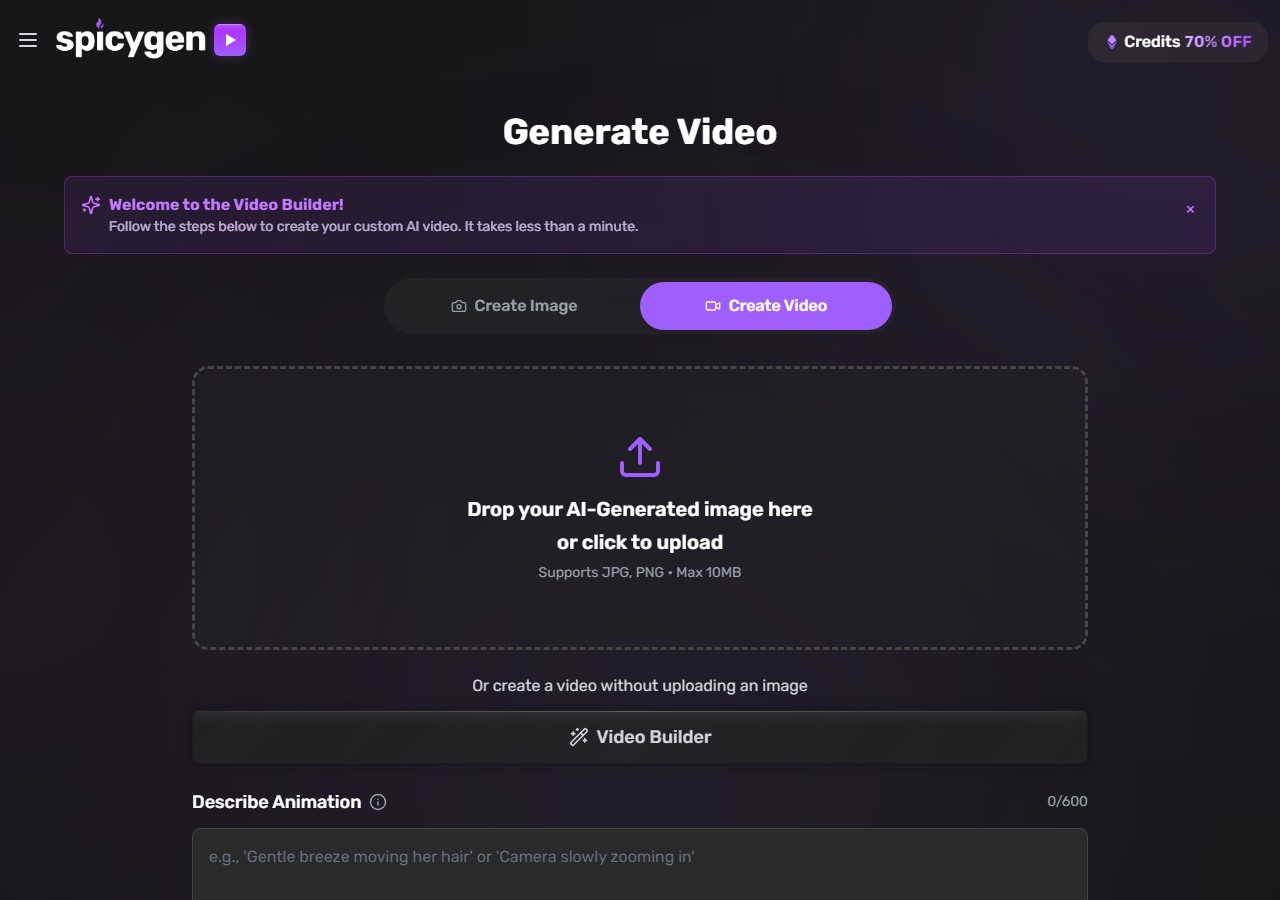 SpicyGen Generate page showing the AI image upload area with prompt field and version count selector
