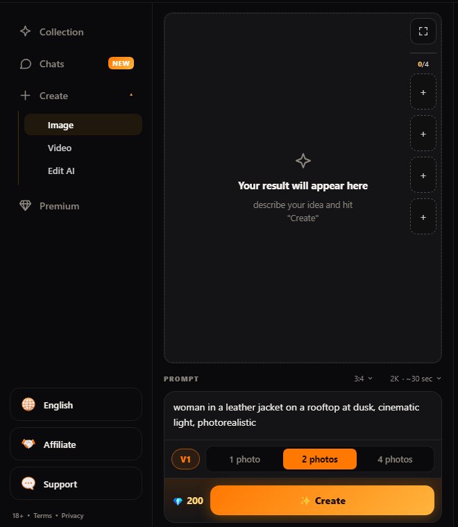 Swaplse image generation panel with prompt box, 1, 2 and 4 photo options and a coin price on the Create button