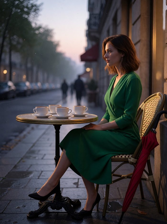 Swaplse balanced-mode output: woman in a green dress at a Paris-style cafe table with four coffee cups and a red umbrella against her chair at dusk