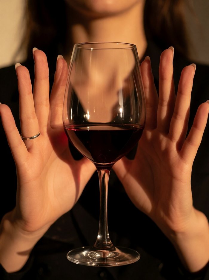 Swaplse output: close-up of two open hands with five fingers each on either side of a glass of red wine, one silver ring