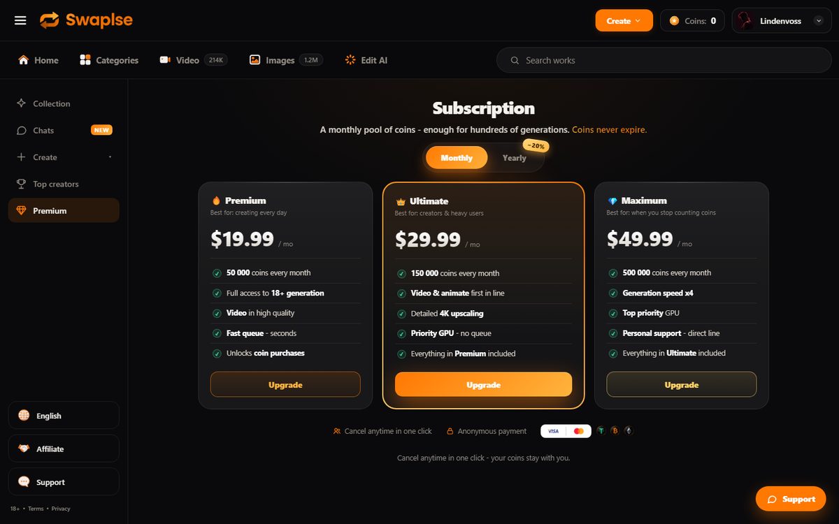 Swaplse subscription plans: Premium $19.99, Ultimate $29.99 and Maximum $49.99 per month with monthly coin allowances
