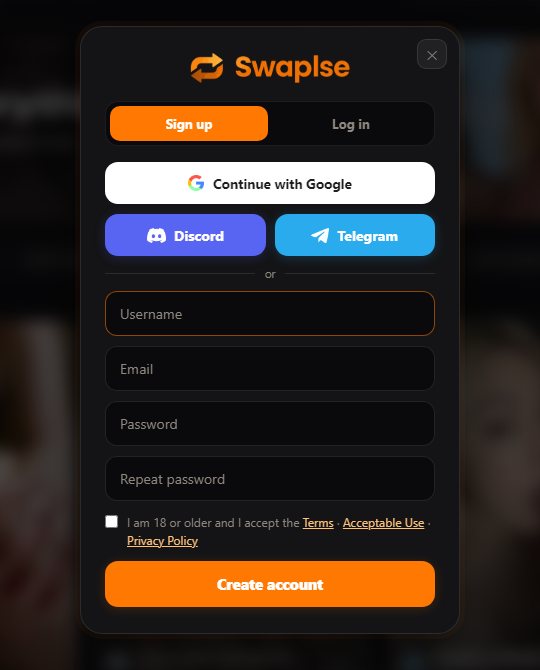 Swaplse signup modal with username, email and password fields plus Google, Discord and Telegram login buttons