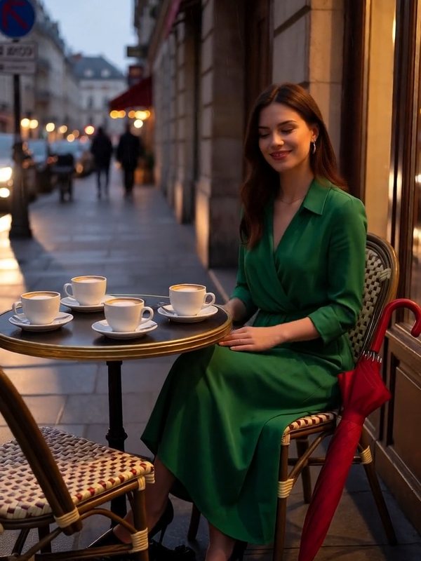 Last frame of a Swaplse V1 clip: the woman in the green dress at the cafe table has turned toward the camera and is smiling